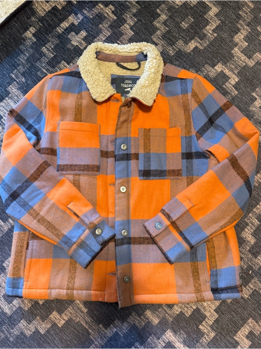 Toad&Co Women’s Orange and Blue Plaid Sherpa-Lined Jacket